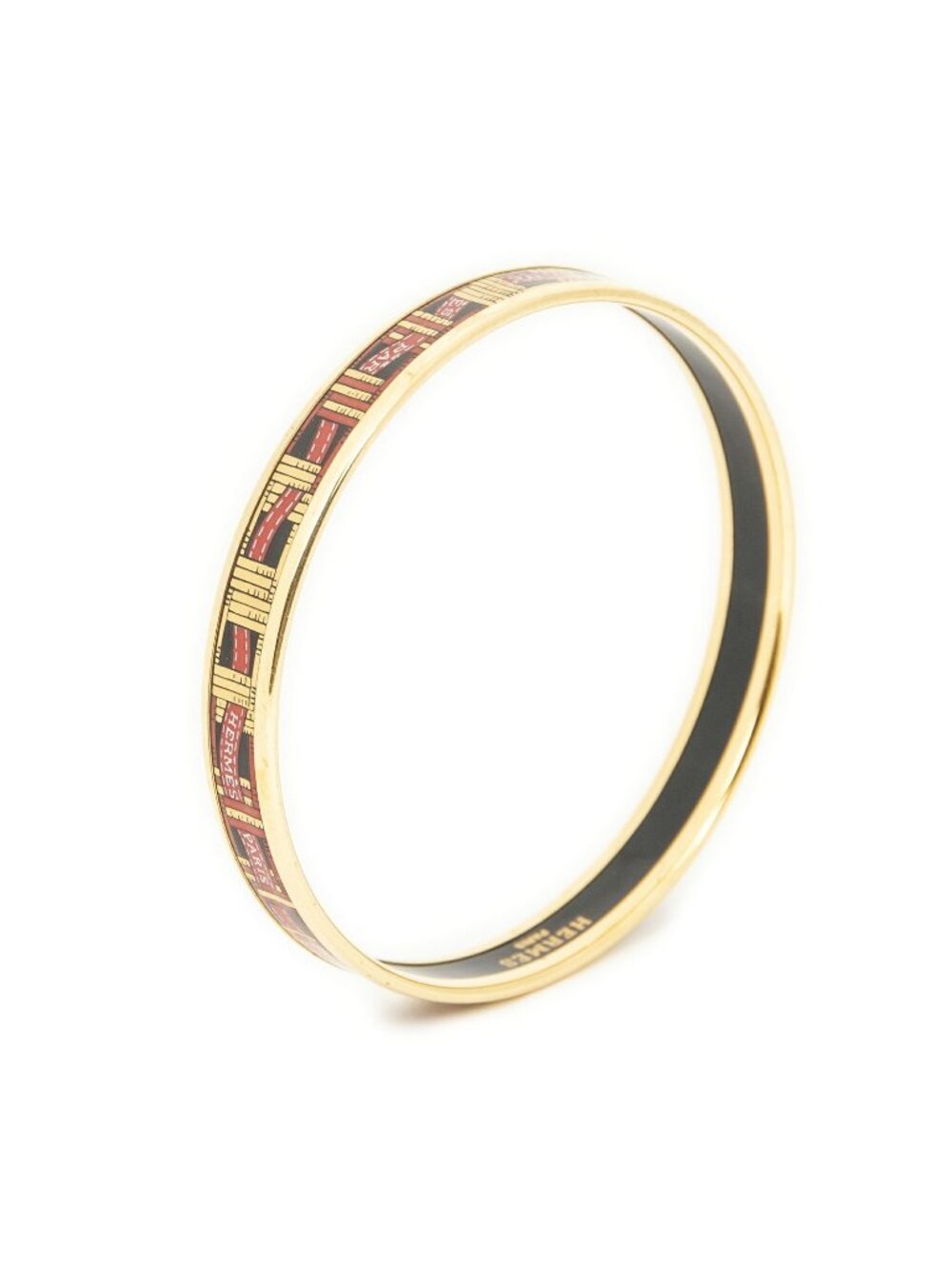 Hermes Enamel Bangle Red Gold Black Leather Belt and Buckle Motif Bracelet